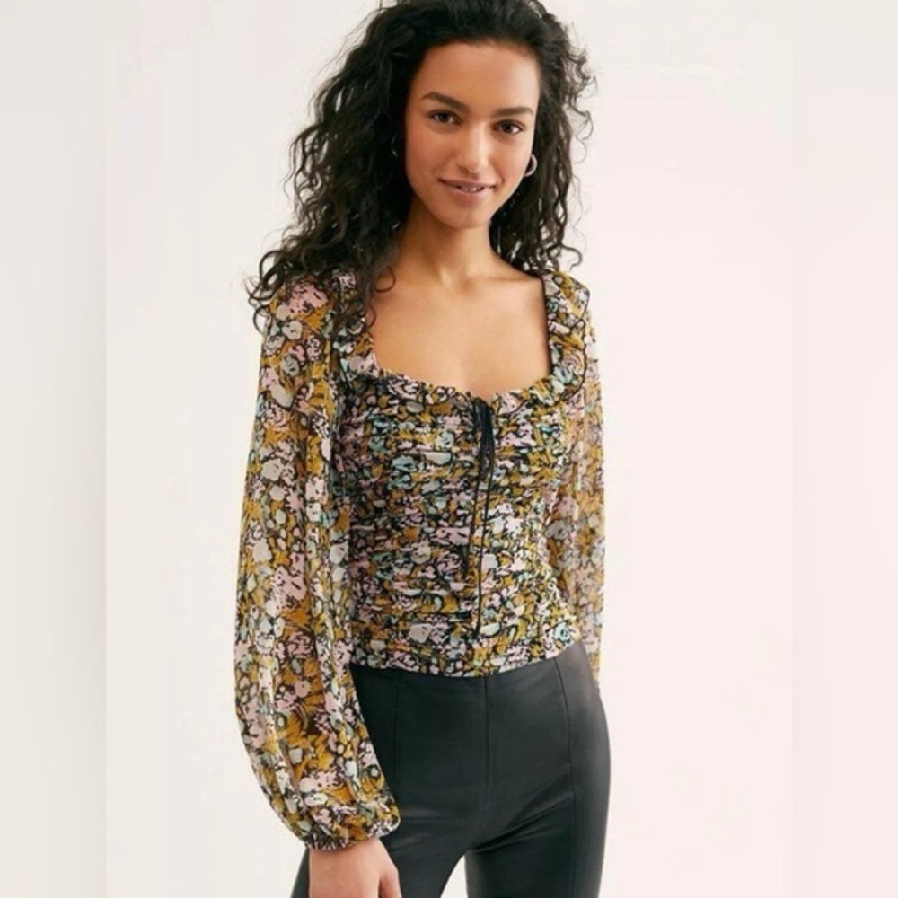 Free People Mabel Printed Ruffle Tie-Front Open-Back Floral Blouse Size Large